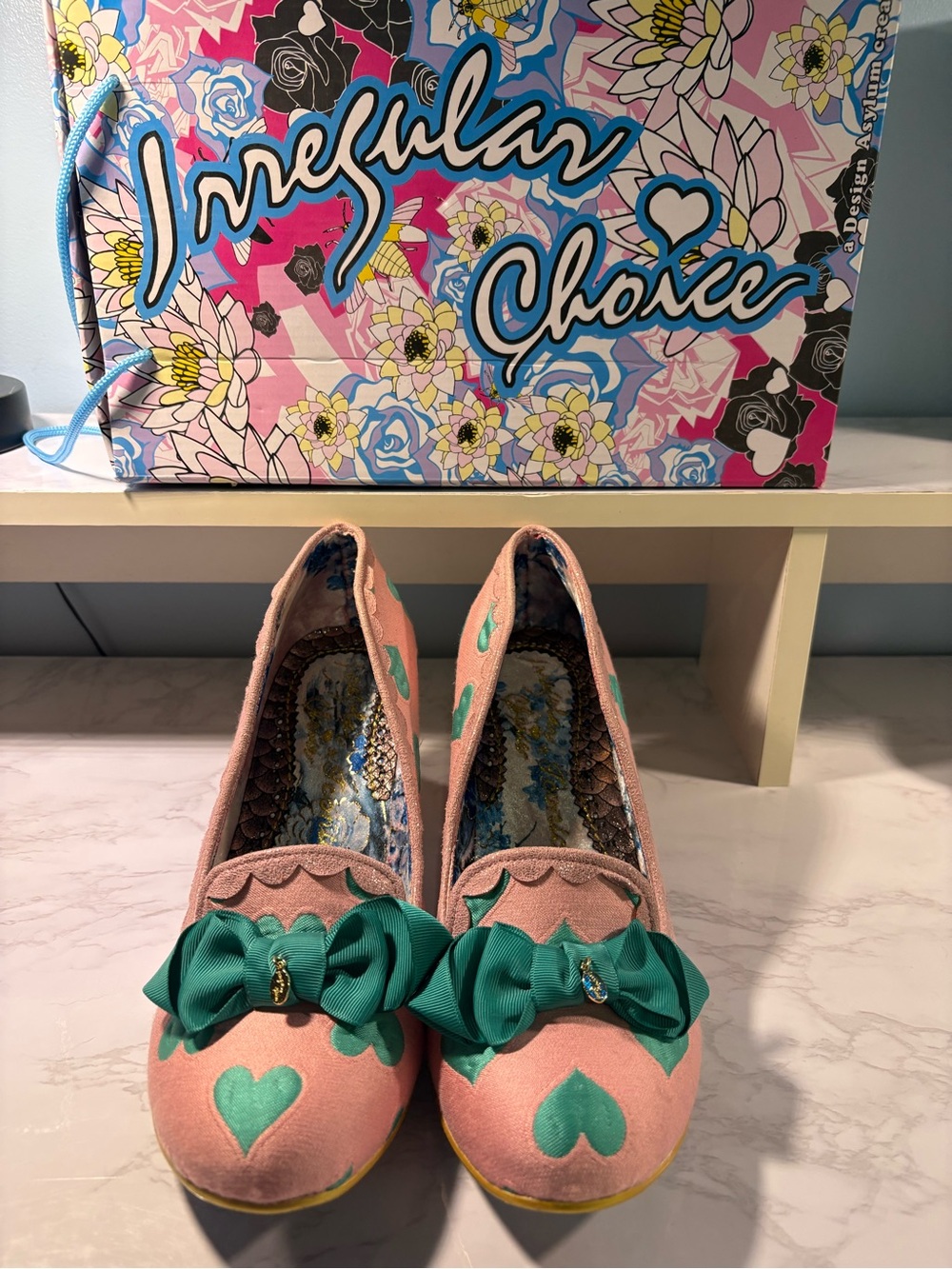 Irregular Choice Pink Flats with Teal Heart Accents and Bow